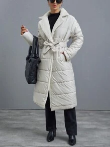 SHEIN Cottnline Puffer Jacket With Dropped Shoulder Line, Welt Pocket, Slot In The Side Seam And Snap Closure, Wide English Collar Made From Teddy Bear Fabric - Beige - View 1