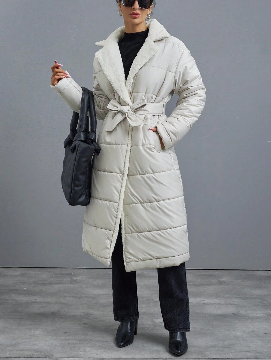SHEIN Cottnline Puffer Jacket With Dropped Shoulder Line, Welt Pocket, Slot In The Side Seam And Snap Closure, Wide English Collar Made From Teddy Bear Fabric - Beige - View 1