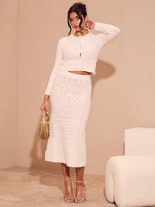 Glamine 2 件套女士前扣长袖修身毛衣和 A 字裙休闲装 - 白色 - 查看 3