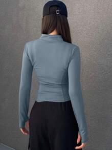 DAZY Women's Solid-Color Front Zip Long Sleeve Simple Jacket, Casual Everyday Wear,Fall Women Clothes - Dusty Blue - View 4