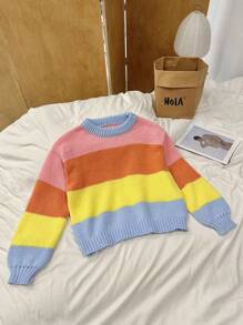 SHEIN Unity Women Colorblock Round Neck Batwing Long Sleeve Loose Sweater, Fall/Winter Knit Pullover - Multicolor - View 3