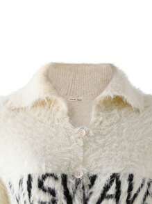 SHEIN Girls/Teen Oversized Collar Slouchy Letter Print Faux Mink Fur Short Cardigan Sweater, Suitable For Holiday Party With Shoulder Bag, Backpack, Crossbody Bag, Baseball Cap, Bucket Hat, Beret, Short Boots, Long Boots, Casual Shoes, Mary Janes, Sunglasses, Earphones - White - View 3
