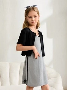 SHEIN 3pcs Tween Girls' Casual Fitted Splice Color Block T-Shirt, Camisole And Pants Set