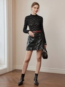 Falda mini evasé de mujer con volantes en el bajo, de piel de poliuretano