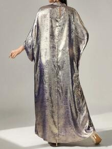 Al Najma Váy Kaftan Ả Rập thời trang cổ đứng kim loại tay chuông phong cách Thổ Nhĩ Kỳ dài tay giản dị - Màu xanh hải quân - Xem 2
