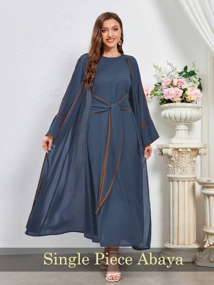 Al Najma Của phụ nữ Tay áo dài Mở Mặt trước Tiếng  Ả Rập Phong cách Áo choàng Abaya - Màu xanh lam - Xem 1