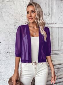 SHEIN LUNE Women's Solid Color Sheer Short Sleeve Jacket - Violet Purple - View 3