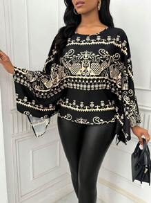 SHEIN Clasi Đầm dài tay cổ tròn in họa tiết toàn thân cho nữ (Cắt hoa ngẫu nhiên) - màu đen - Xem 1