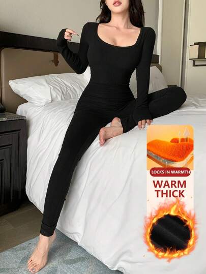 DAZY Women's Fashion Basic Slim Fit Thermal Underwear Set Fall,Winter Pajama