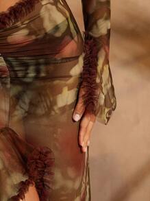 Hauture Vestido de manga larga con efecto transparente, corte hueco y estampado de mariposa, con cola, para mujer, sexy