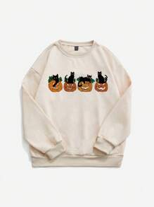 SHEIN Unity 女士圆领长袖休闲南瓜和黑猫图案印花宽松套头衫万圣节运动衫 - 米色 - 查看 5