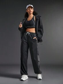 SHEIN 女士抽绳侧条纹休闲运动运动裤 - 黑色 - 查看 6