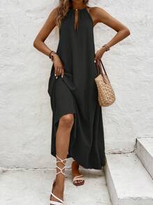 Chiquease Solid Color Backless Dress, Vacation & Casual - Black - View 5