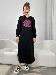 Modelyn Áo hoodie rút dây họa tiết hoa dành cho nữ, Áo nỉ thời trang thường ngày - màu đen - Xem 4