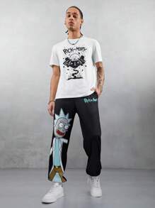 Rick and Morty X SHEIN Pantalones deportivos casuales para hombre con estampado de personaje de dibujos animados y letra, cintura con cordón, bolsillos laterales - Negro - Ver 3