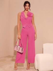 Glamine Áo cổ chữ V không tay cho nữ có thiết kế trang trí hoa 3D và quần ống đứng thường ngày - Hồng - Xem 5