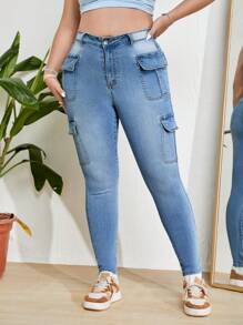 CovetEZ Plus Flap Pocket Side Cargo Jeans - Light Wash - View 5