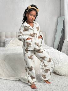 SHEIN 2pcs Tween Girl Cute Bear Pattern Collar Long Sleeve Top And Thermal Lined Pajama Pants Soft & Cozy Winter Sleepwear Sets - Khaki - View 3