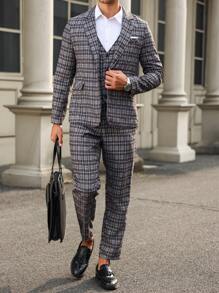 Manfinity Mode Men's Spring & Autumn Plaid Lapel Neck Long Sleeve Jacket & Pants Business Suit - Dark Grey - View 4
