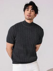 Manfinity Homme 男士休闲纯色立领短袖针织上衣，春秋季 - 黑色 - 查看 2