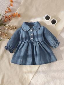 SHEIN Vintaside Kids 2 件装女婴牛仔连衣裙和粗针织背心套装，秋冬 - 藍色 - 查看 7