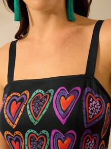 CAJUNI Women's Colorful Heart Print, Boho Print Halter Big Swing Long Dress, Holiday Casual Beach Summer Black Dress - Multicolor - View 10