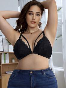 Plus Size Bras & Wireless Bras, Sexy Charm, Front Closure, Contrast Lace, Ribbon Decor, Lingerie - Black - View 1