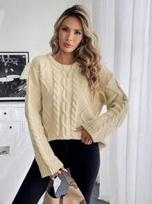 Chiquease Women's Long Sleeve Crew Neck Winter Casual Wear Tops, Knit Pullover Fall - Apricot - View 5