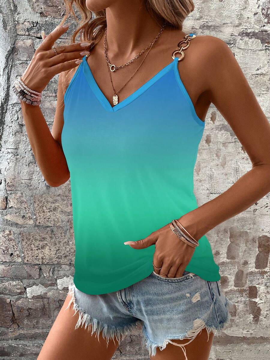 SHEIN LUNE 女士夏季渐变色块金属链肩带吊带背心 - 彩色 - 查看 1