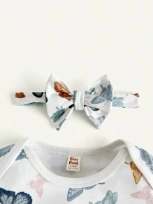 Cozy Pixies 2pcs Baby Girl Colorful Butterfly Pattern Knitted Soft Crew Neck Long Sleeve Bodysuit With Headband Set - White - View 6