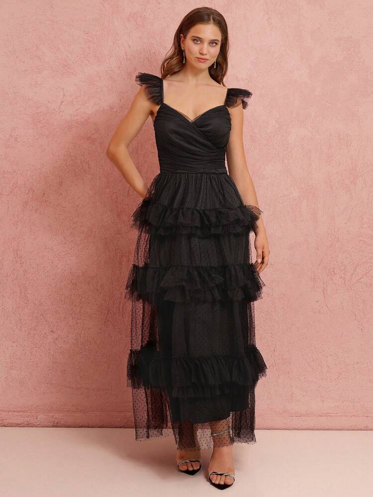 Vestido Longo de Tule com Babados Pretos Elegantes, Vestido de Princesa para Encontros à Noite, Festa, Coquetel e Baile de Formatura