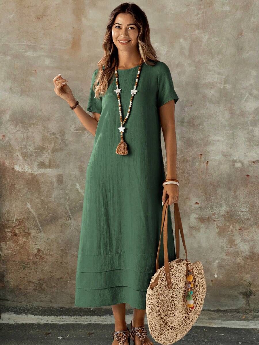 EMERY ROSE Women's Solid Color Round Neck Short Sleeve Casual Long Dress