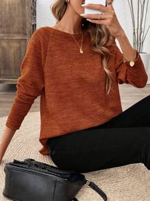 SHEIN LUNE 春季纯色插肩袖T恤，休闲款 - 鏽棕色 - 查看 3