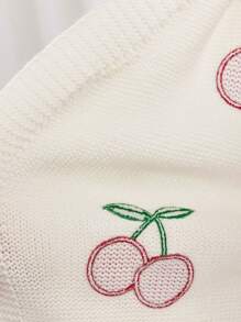 SHEIN Girlism Teen Girls White & Red Cherry Fruit Pattern Embroidered Versatile Cardigan Sweater,In Fall/Winter
