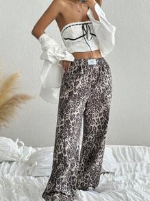 SHEIN EZwear Quần ống rộng ống loe họa tiết chữ và da báo cho nữ - Màu Khaki - Xem 4