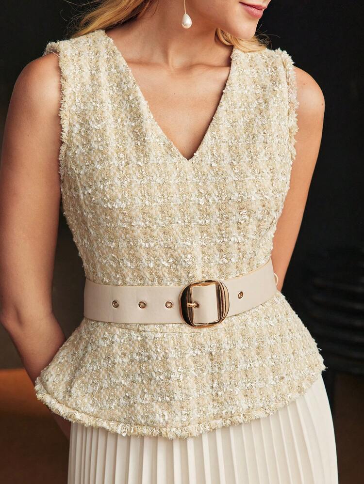 TWEED BODICE PLEATED HEM BELTED DRESS