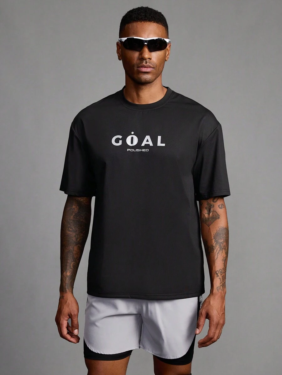 Coreblaze Boyfriend Style Men's Minimalist Printed Crew Neck Short Sleeve Sports T-Shirt - Black - View 1