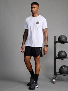 Manfinity Sport Corelite 男友风男士纯色拼接印花休闲运动短裤健身服运动裤黑色短裤 - 黑色 - 查看 3