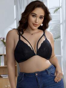 Plus Size Bras & Wireless Bras, Sexy Charm, Front Closure, Contrast Lace, Ribbon Decor, Lingerie - Black - View 3