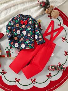 2pcs Baby Boy Santa Claus & Gingerbread Man Christmas Print Long Sleeve Shirt & Red Suspender Pants Set, For Christmas Party Role Play