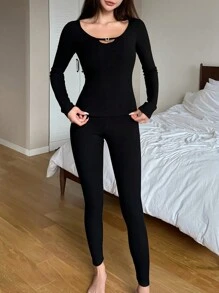 DAZY Hollow Out Neck Design Simple Slim Fit Pajama Set - Black - View 9