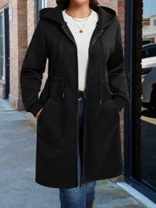 SHEIN LUNE Áo khoác trùm đầu thường ngày có khóa kéo túi trước màu trơn cỡ lớn, mặc hàng ngày - màu đen - Xem 7
