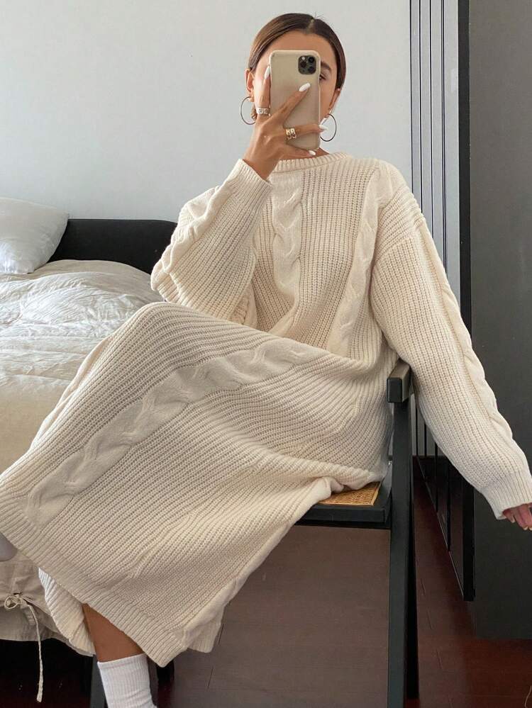 Women's Solid Color Simple Daily Long Sleeve Knit Sweater Dress,Fall Clothes Thermal Lined