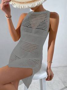 Women's Solid Color Casual Sleeveless Sheer Coverup Summer - Dark Grey - View 6