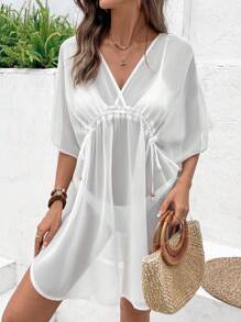 SHEIN Swim 女式蝙蝠袖抽绳腰短款海滩罩衫连衣裙，波西米亚风格夏季 - 白色 - 查看 4