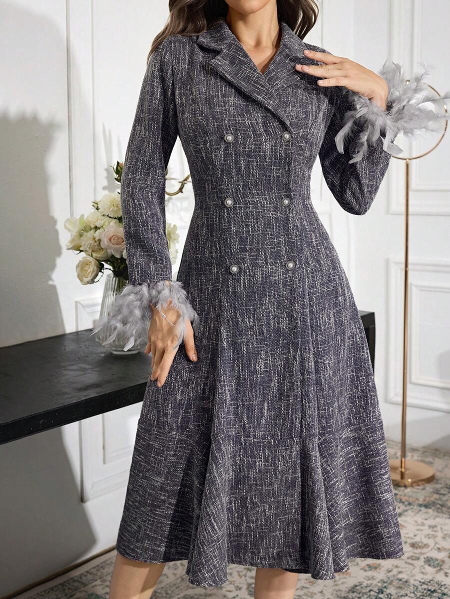 Modelyn 女式双排扣长袖羽毛装饰长款晚礼服 - 深灰色 - 查看 1