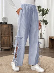 SHEIN LUNE Women's Casual Regular Striped Basic Daily Lace-Up Slit Leg Pants - Blue and White - View 1
