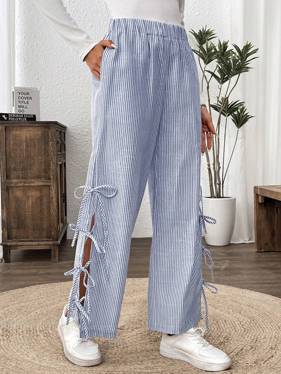 SHEIN LUNE Women's Casual Regular Striped Basic Daily Lace-Up Slit Leg Pants - Blue and White - View 1