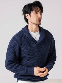 Manfinity Homme Men Plain Minimalist Casual Long Sleeve Collar Sweater - Navy Blue - View 5