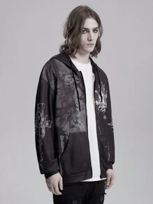 ROMWE MEN Goth Men's Printed Zipper Drawstring Casual Everyday Wear Hooded Sweatshirt - Multicolor - View 4